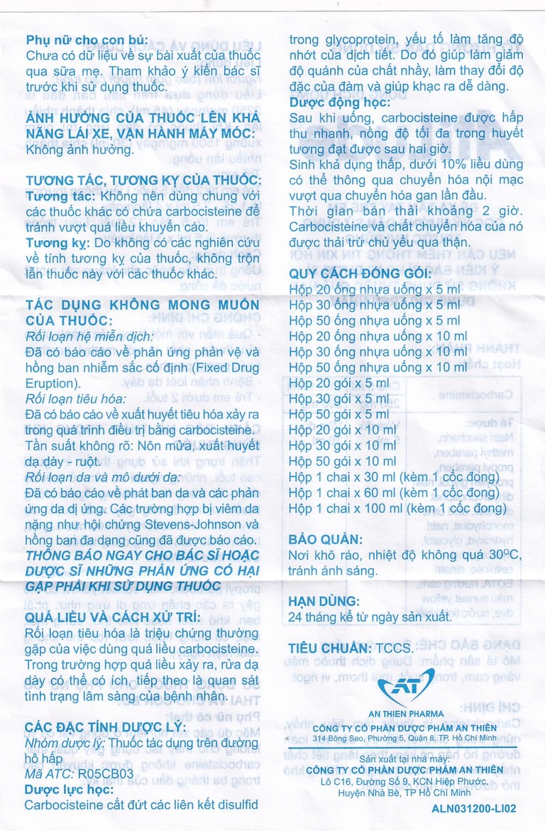 Dung dịch uống AtiLude 250mg/5ml An Thiên tiêu nhầy, rối loạn đường hô hấp (6 vỉ x 5 ống x 5ml)