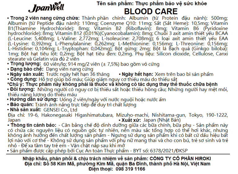 Viên uống Blood Care Jpanwell hỗ trợ bổ máu, giảm nguy cơ thiếu máu do thiếu sắt (60 viên)
