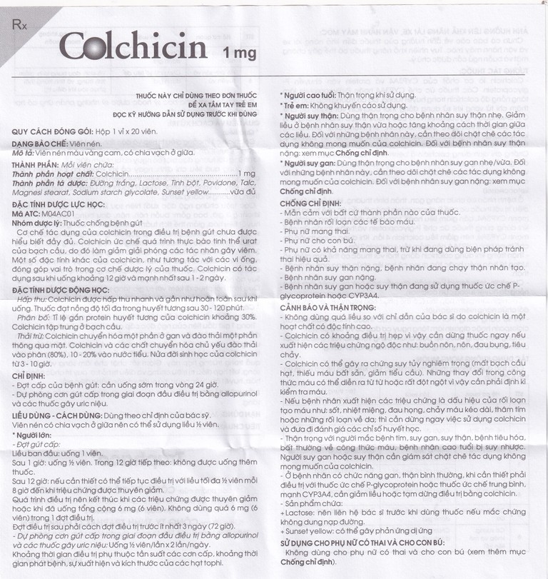 Thuốc Colchicin 1mg Traphaco phòng tái phát viêm khớp do gút và điều trị dài ngày bệnh gút (1 vỉ x 20 viên)