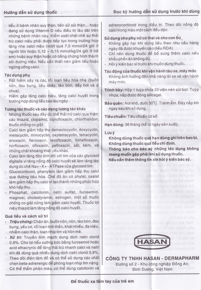Viên sủi Calcium Hasan 500mg phòng và hỗ trợ điều trị bệnh loãng xương (20 viên)