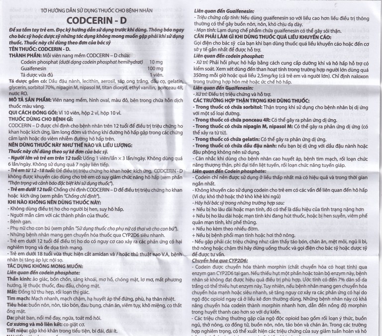 Thuốc CODCERIN-D Trường Thọ điều trị triệu chứng ho khan, ho có đờm, ho do dị ứng (2 vỉ x 10 viên)