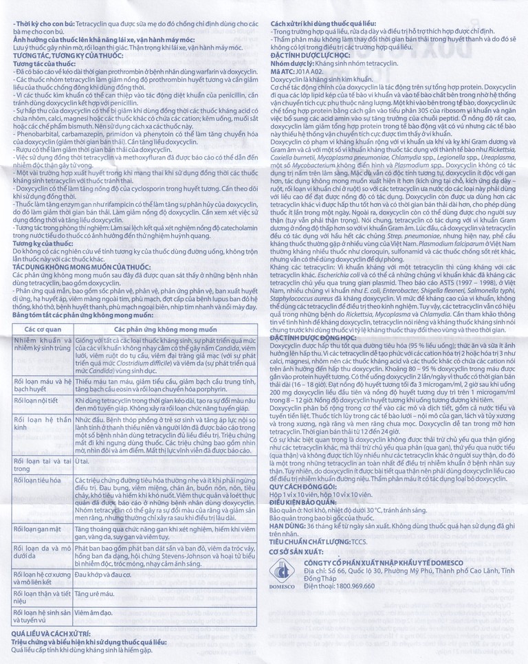 Thuốc Doxycyclin 100mg Domesco điều trị nhiễm khuẩn (10 vỉ x 10 viên)