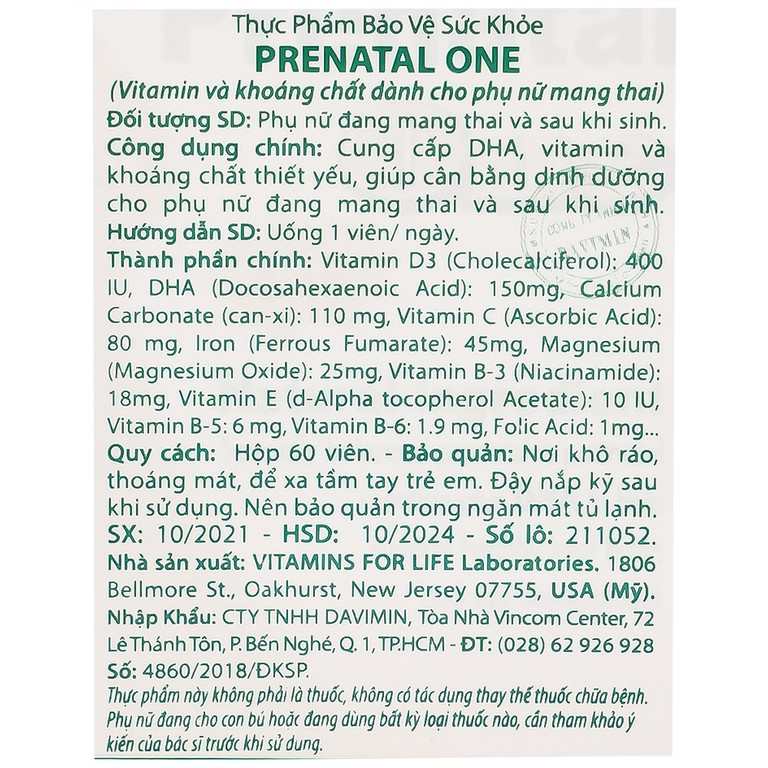 Thực phẩm bảo vệ sức khỏe Prenatal One Vitamins For Life cung cấp DHA, vitamin và khoáng chất