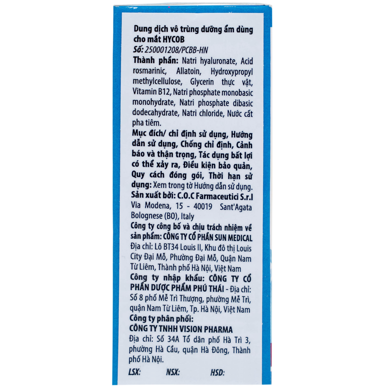Dung dịch nhãn khoa Hycob 10ml Sun Medical bôi trơn, tạo độ ẩm cho mắt