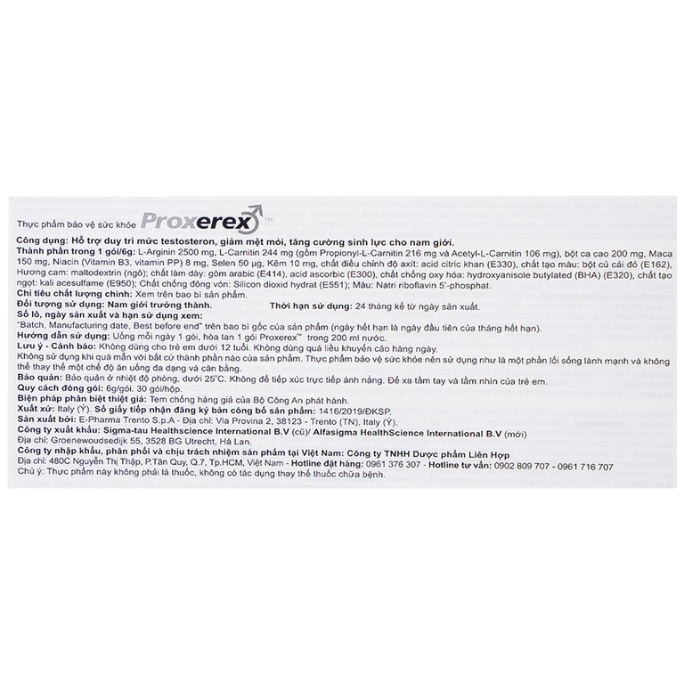 Bột Proxerex Sigma-tau HealthScience tăng cường sinh lực nam giới (30 gói x 6g)