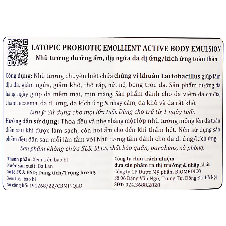 Nhũ tương dưỡng ẩm Latopic Probiotic Emollient Active Body Emulsion dịu ngứa da dị ứng, kích ứng (250ml)