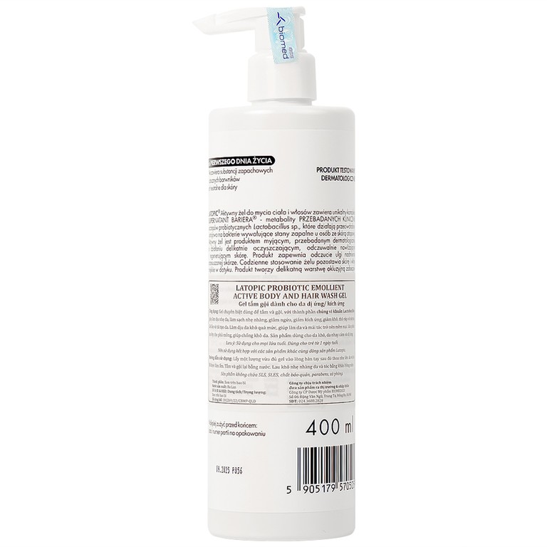 Gel tắm gội Latopic Probiotic Emollient Active dành cho da dị ứng, kích ứng (400ml)