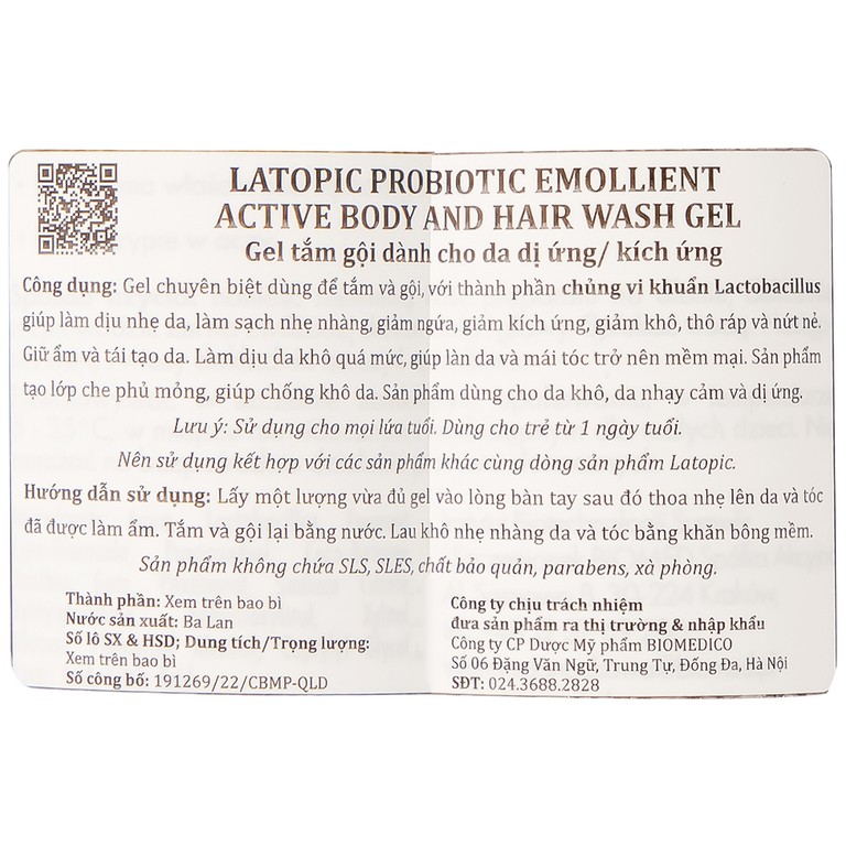 Gel tắm gội Latopic Probiotic Emollient Active dành cho da dị ứng, kích ứng (400ml)