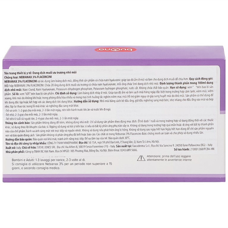 Dung dịch muối ưu trương nhỏ mũi Buona Nebianax 3% làm loãng dịch nhầy ở mũi (20 ống)