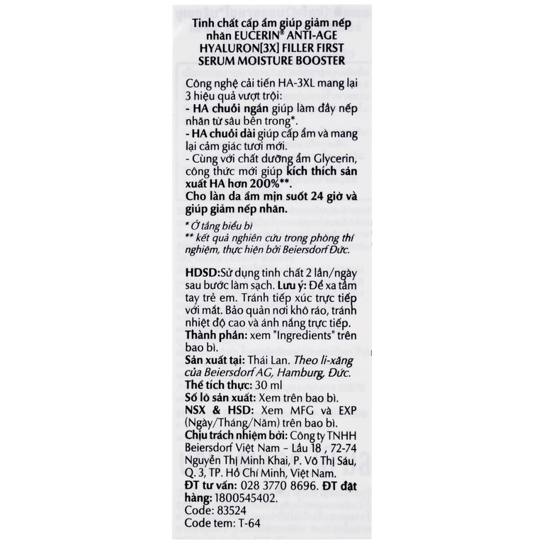 Tinh chất Eucerin Anti-Age Hyaluron-Filler Moisture Filler cấp ẩm ngăn ngừa lão hóa (30ml)