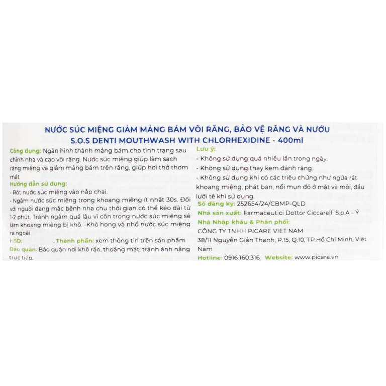 Nước súc miệng giảm mảng bám, bảo vệ răng nướu Dr.Ciccarelli S.O.S Denti (400ml)