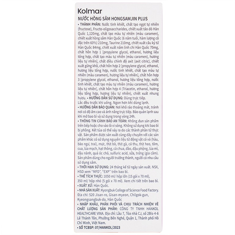Nước Hồng Sâm Hongsamjin Plus (15 gói x 70ml)