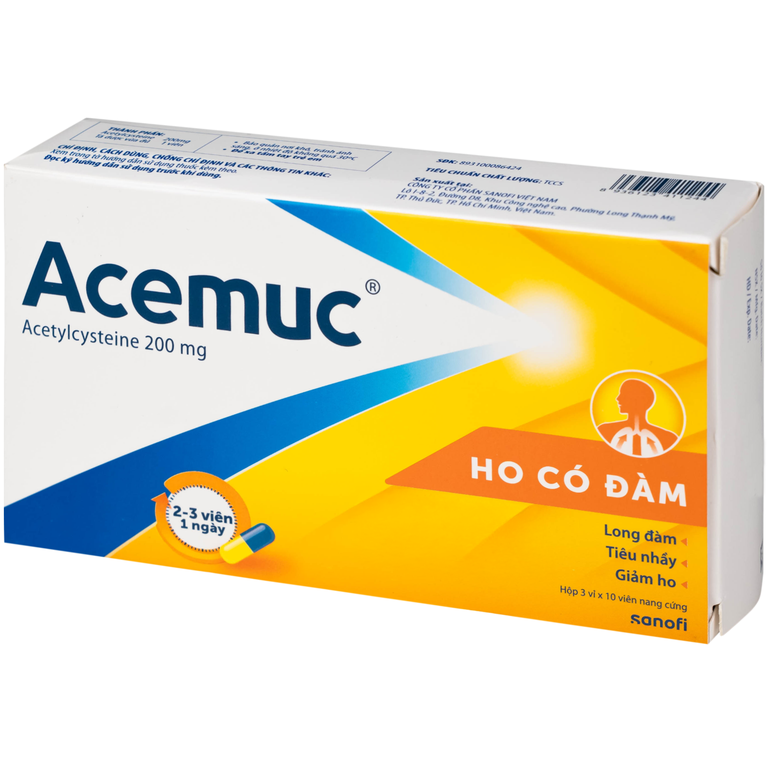 Thuốc Acemuc 200mg Sanofi long đàm, tiêu nhầy, giảm ho (3 vỉ x 10 viên)