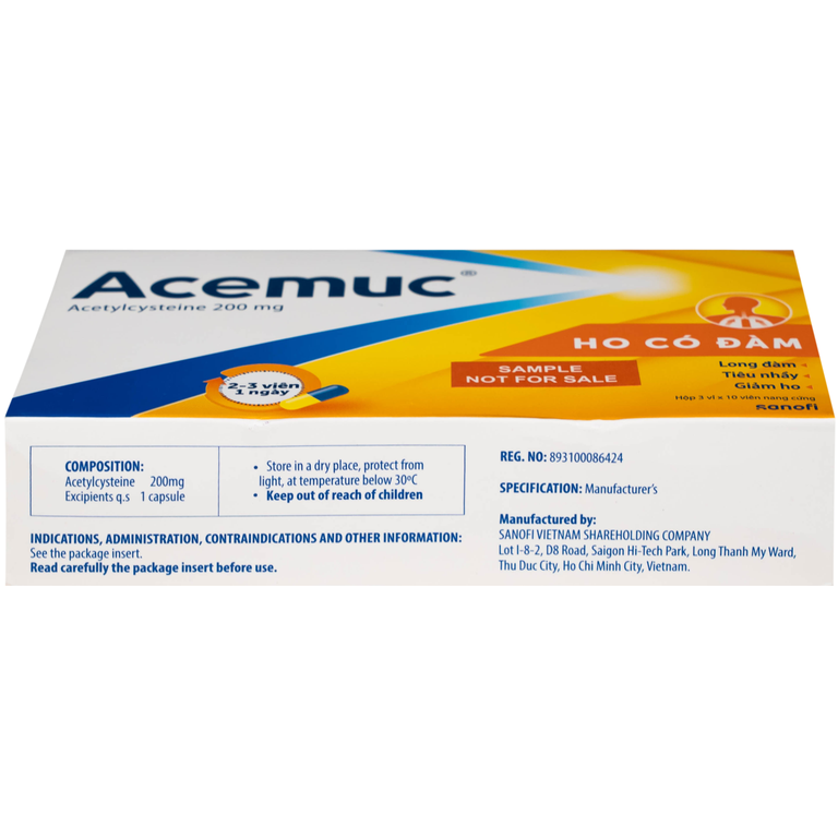 Thuốc Acemuc 200mg Sanofi long đàm, tiêu nhầy, giảm ho (3 vỉ x 10 viên)