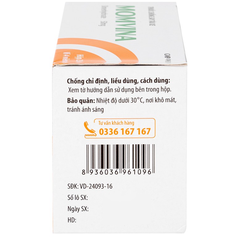 Thuốc chống say tàu xe Momvina Hadiphar điều trị chứng buồn nôn, nôn, chóng mặt (25 vỉ x 4 viên)