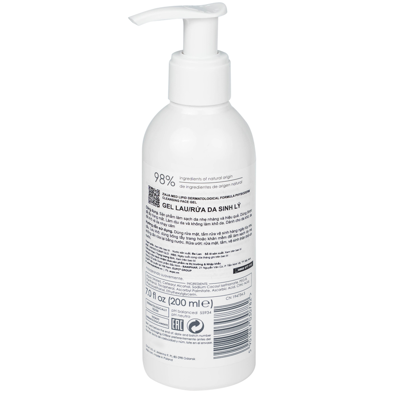 Gel rửa mặt Ziaja Med Lipid Dermatological Formula Physioderm Cleansing Face Gel làm sạch dưỡng ẩm phù hợp da nhạy cảm (200ml)