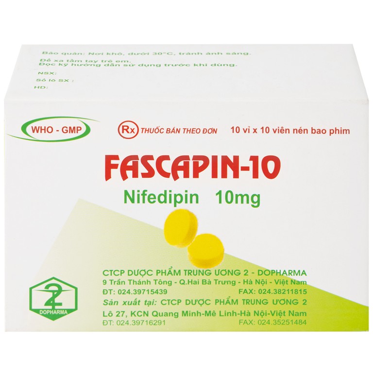 Thuốc Fascapin-10 Nifedipin Trung Ương 2 dự phòng đau thắt ngực, cao huyết áp (10 vỉ x 10 viên)