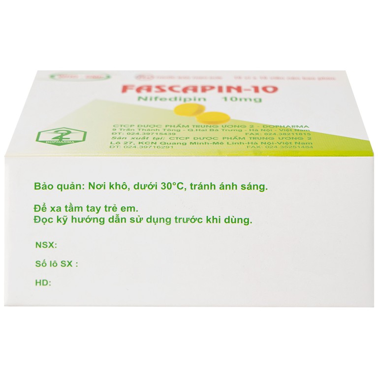 Thuốc Fascapin-10 Nifedipin Trung Ương 2 dự phòng đau thắt ngực, cao huyết áp (10 vỉ x 10 viên)
