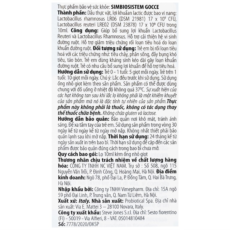 Dung dịch Simbiosistem Gocce 10ml Buona bổ sung lợi khuẩn đường ruột