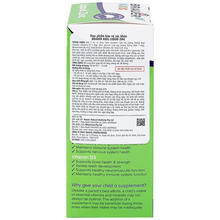 Siro Brauer Baby & Kids Liquid Zinc bổ sung kẽm, tăng sức đề kháng cho trẻ (200ml)