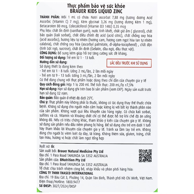 Siro Brauer Baby & Kids Liquid Zinc bổ sung kẽm, tăng sức đề kháng cho trẻ (200ml)