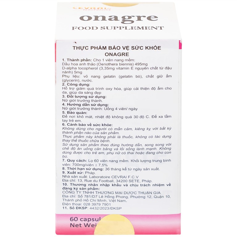 Viên uống Onagre Cevrai hỗ trợ giảm quá trình oxy hóa, giúp cải thiện độ ẩm cho da, giúp da sáng đẹp (60 viên)
