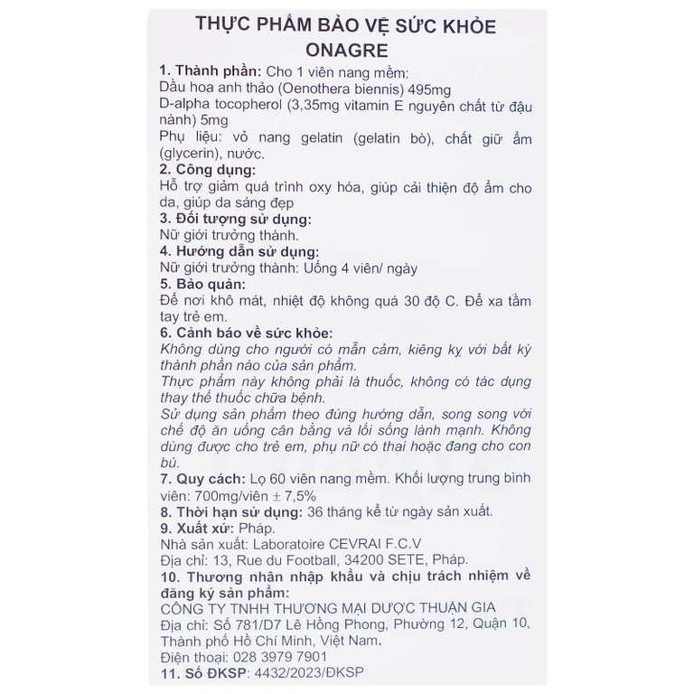 Viên uống Onagre Cevrai hỗ trợ giảm quá trình oxy hóa, giúp cải thiện độ ẩm cho da, giúp da sáng đẹp (60 viên)