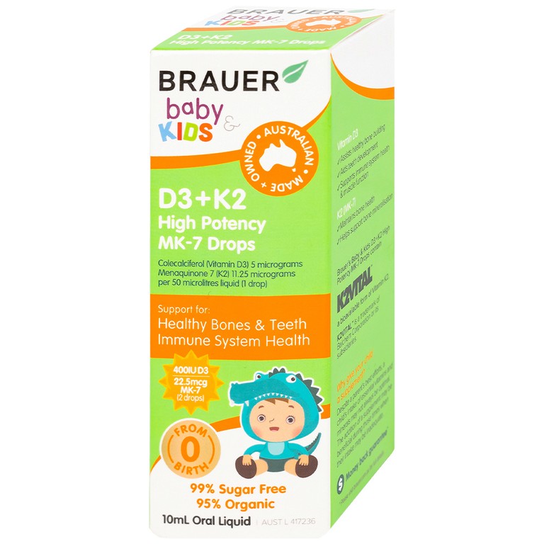 Siro Brauer Baby Kids D3+k2 High Potency MK-7 Drops bổ sung vitamin D3 và vitamin K2 (10ml)