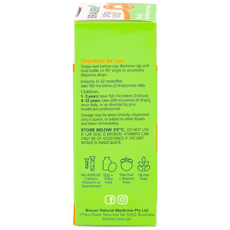 Siro Brauer Baby Kids D3+k2 High Potency MK-7 Drops bổ sung vitamin D3 và vitamin K2 (10ml)