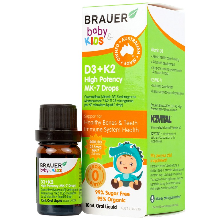 Siro Brauer Baby Kids D3+k2 High Potency MK-7 Drops bổ sung vitamin D3 và vitamin K2 (10ml)