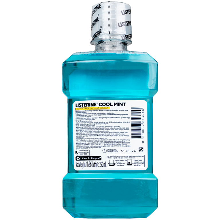 Nước súc miệng Listerine Cool Mint bảo vệ khoang miệng suốt 24h khỏi vi khuẩn hôi miệng, mảng bám, viêm nướu (250ml)