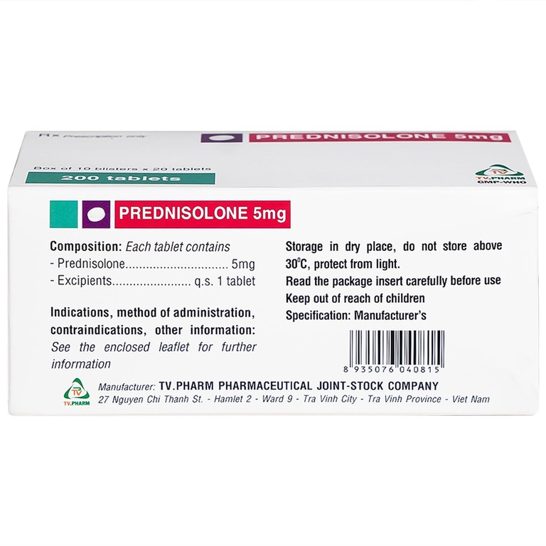 Thuốc Prednisolone 5mg TV.Pharm chống viêm, chống dị ứng và ức chế miễn dịch (10 vỉ x 20 viên)
