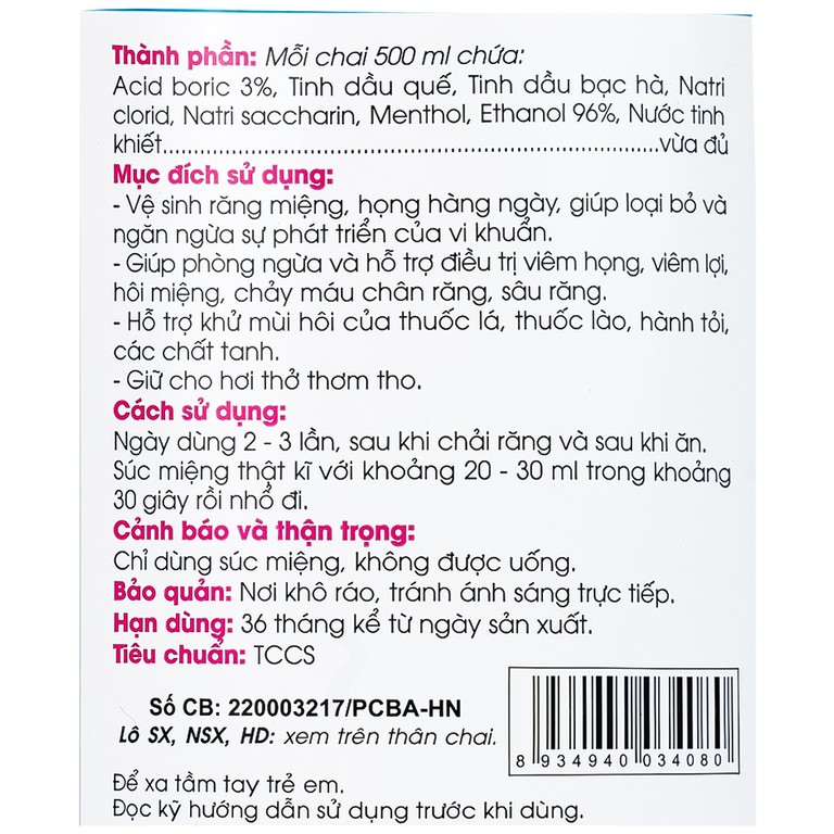 Nước súc miệng T-B Traphaco 500ml vệ sinh răng miệng, họng, ngừa viêm họng, thơm miệng, sạch răng