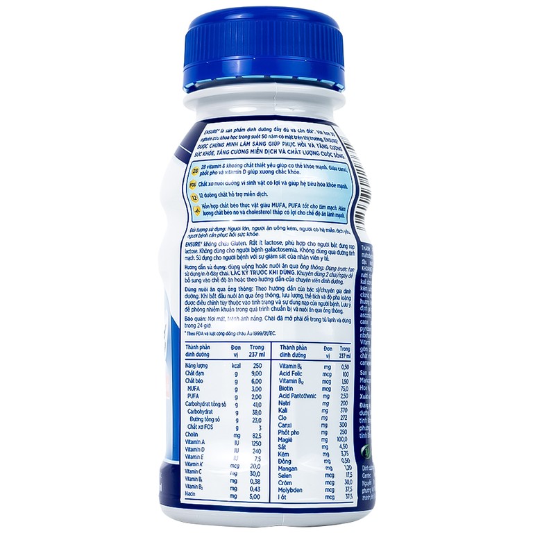 Sữa Ensure Original 237ml Abbott hương vani, bổ sung dinh dưỡng, hỗ trợ tiêu hóa (4 lốc x 6 chai)