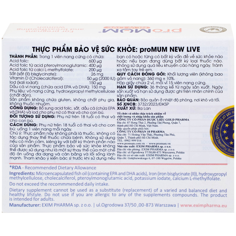 Viên uống proMUM New Live bổ sung các chất dinh dưỡng cho phụ nữ mang thai và cho con bú (2 vỉ x 15 viên)