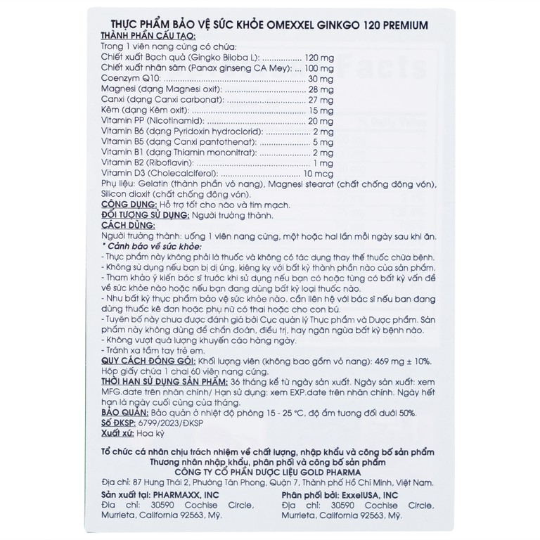 Viên uống Omexxel Ginkgo 120 Premium hỗ trợ tốt cho não và tim mạch (60 viên)