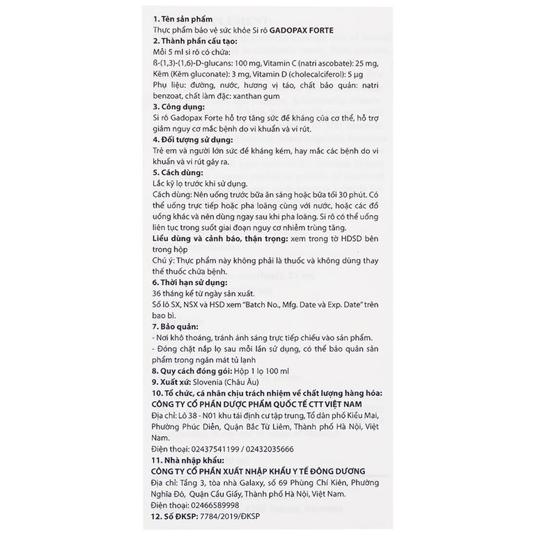 Siro Gadopax Forte hỗ trợ tăng sức đề kháng của cơ thể (100ml)