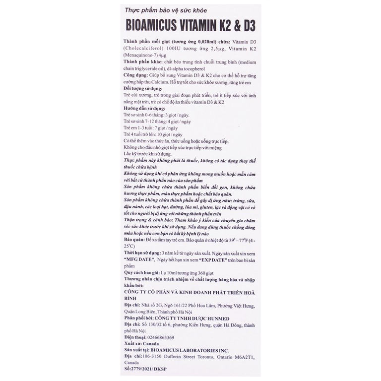 Dung dịch Biomicus For Infants And Children Vitamin K2 And D3 hỗ trợ tốt cho xương, răng của bé (10ml)
