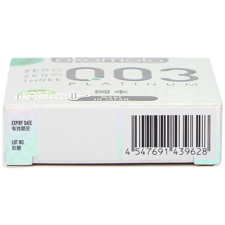 Bao cao su Okamoto 0.03 Platinum trong suốt, mềm mại, dùng để phòng tránh thai và ngăn ngừa HIV (3 cái)