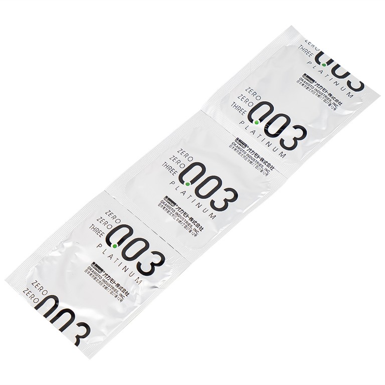 Bao cao su Okamoto 0.03 Platinum trong suốt, mềm mại, dùng để phòng tránh thai và ngăn ngừa HIV (3 cái)