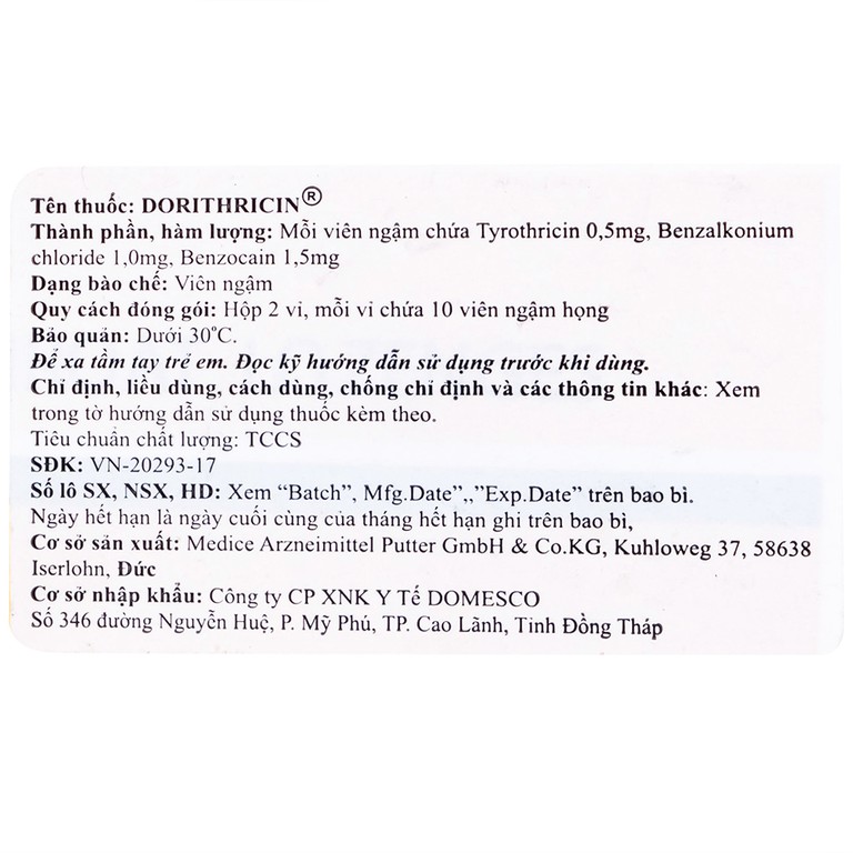 Viên ngậm Dorithricin Hyphens điều trị các triệu chứng nhiễm khuẩn miệng, họng (20 viên)