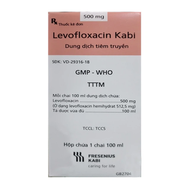 Dung dịch truyền tĩnh mạch Levofloxacin 500mg Kabi điều trị nhiễm khuẩn như viêm phổi, nhiễm khuẩn da (100ml)