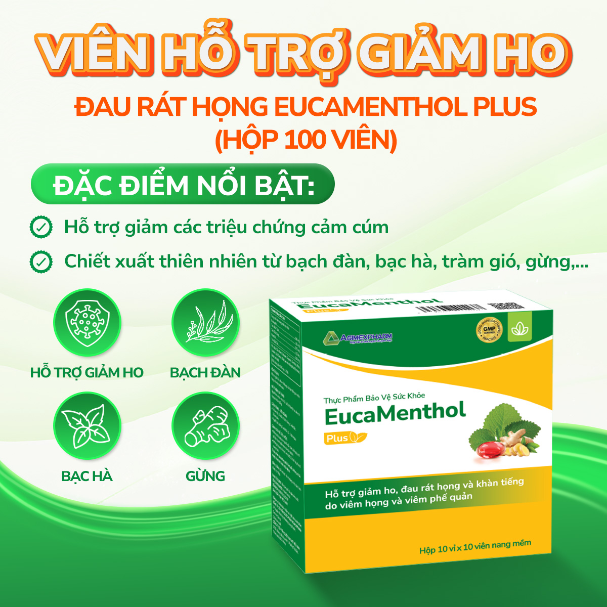 Thực phẩm bảo vệ sức khoẻ Eucamethol Plus hỗ trợ giảm ho, đau rát họng (Hộp 100 viên)