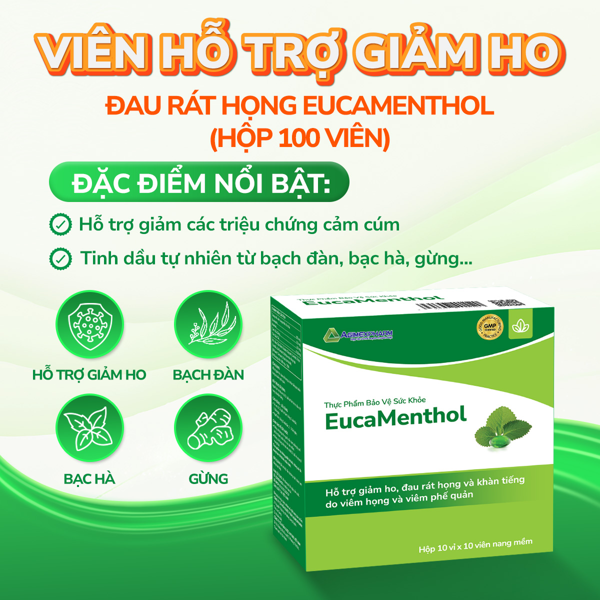 Viên hỗ trợ giảm ho, đau rát họng EUCAMETHOL (Hộp 100 viên)
