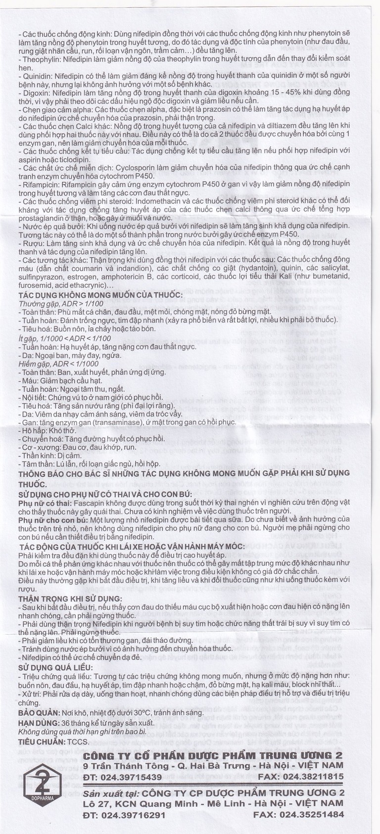 Thuốc Fascapin-10 Nifedipin Trung Ương 2 dự phòng đau thắt ngực, cao huyết áp (10 vỉ x 10 viên)