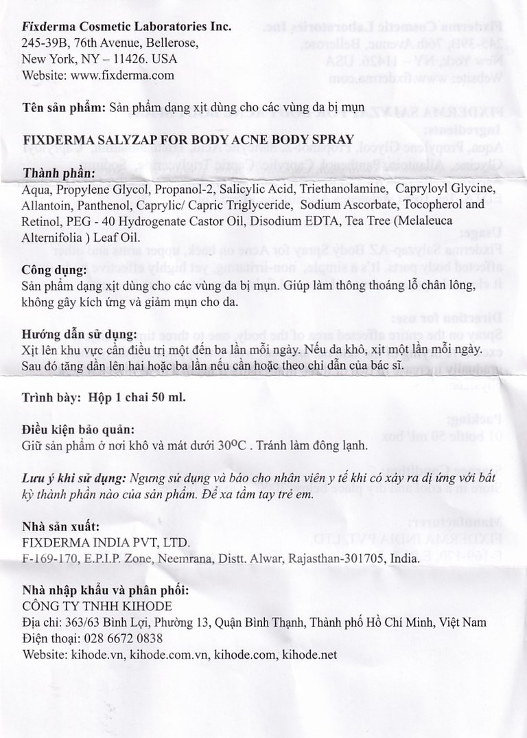 Xịt mụn Fixderma Salyzap giảm mụn trên lưng và toàn thân, kiểm soát dầu (50ml)