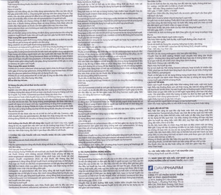 Thuốc Franilax 50mg/20mg Davipharm ngăn chặn sự tích tụ nước trong cơ thể (3 vỉ x 10 viên)
