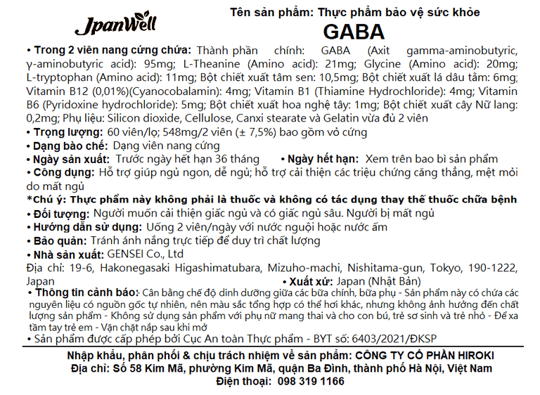 Viên uống Gaba Jpanwell giảm các triệu chứng mất ngủ, khó ngủ, giấc ngủ không sâu (60 viên)