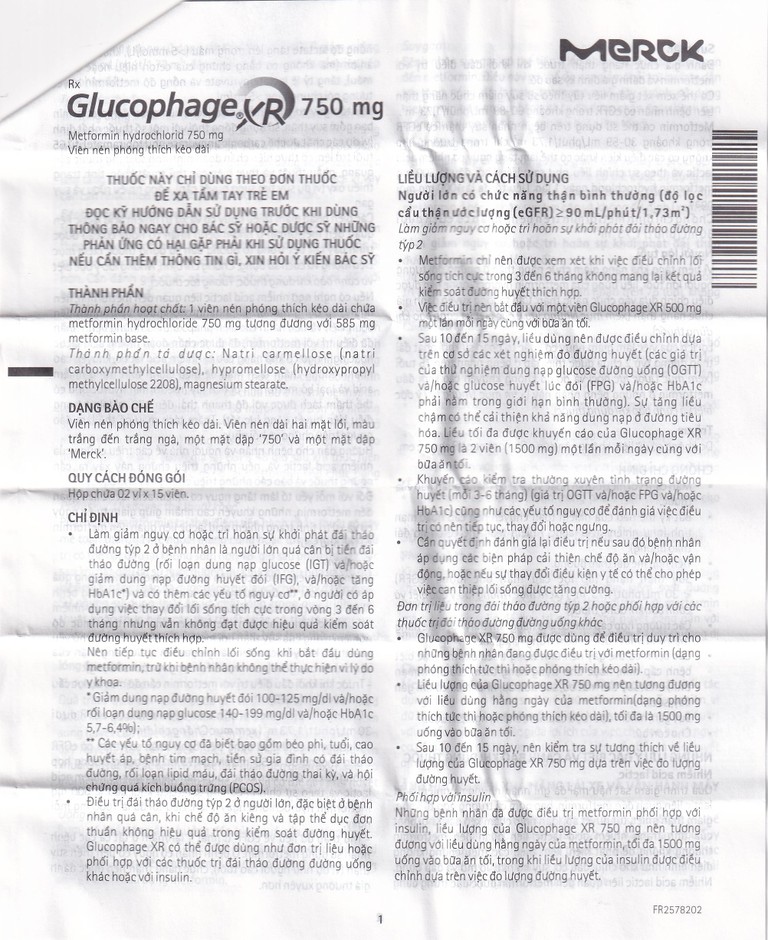 Thuốc Glucophage XR 750mg Merck điều trị tiểu đường típ 2 (2 vỉ x 15 viên)