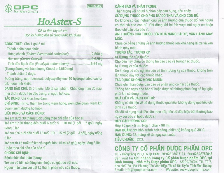 Siro HoAstex-S 90ml OPC dùng trị ho, giảm ho trong viêm họng, viêm phế quản